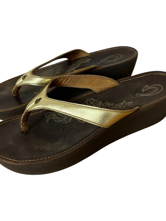 OluKai Shoes - Olukai wedge heels sandals thong gold leather size 9.